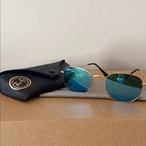 Ray-Ban Hexagonal Flat Gold Frame with Blue Lenses Sunglasses